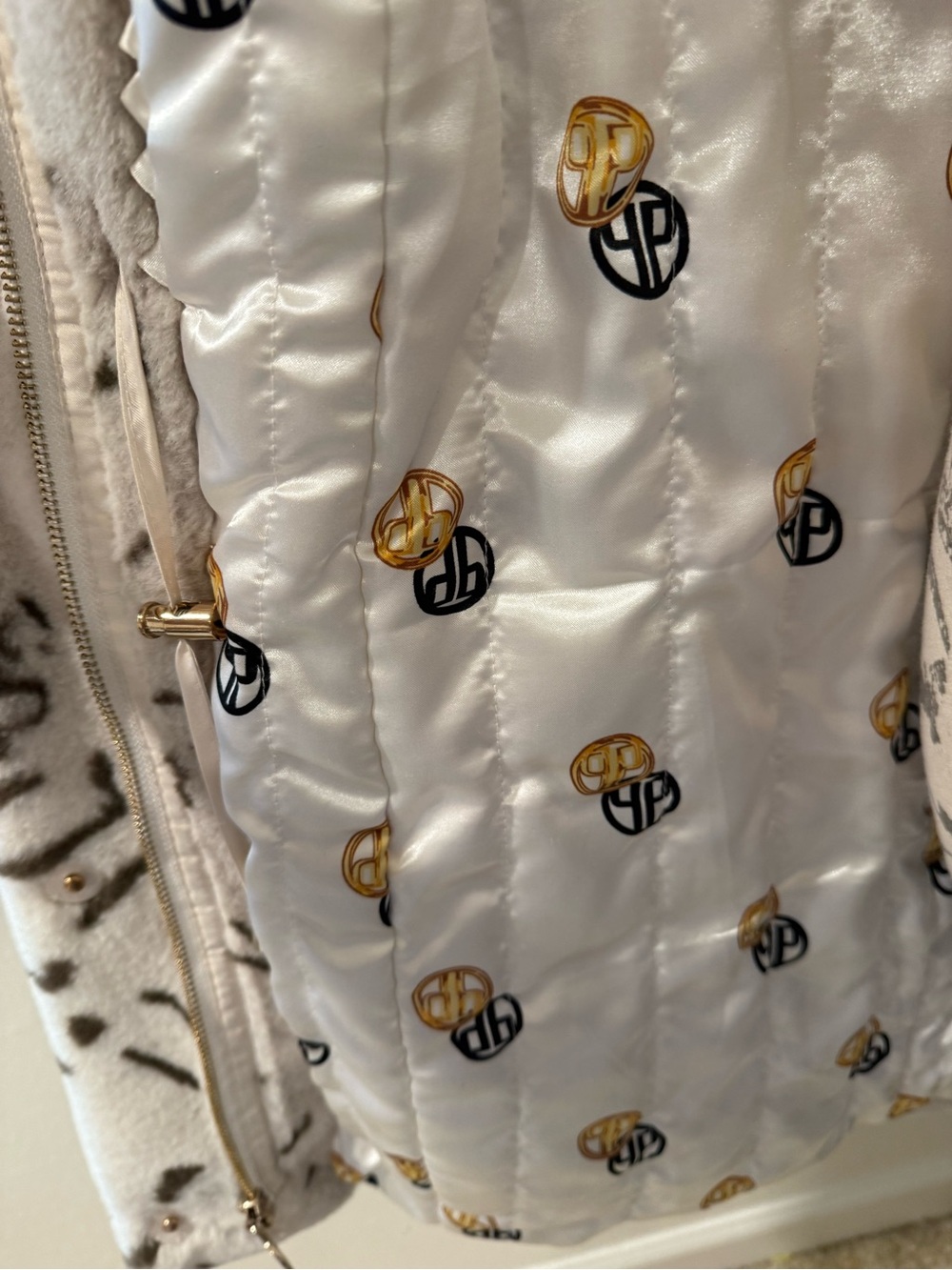dennis basso Cream Faux Fur Hooded Coat with Dark Speckle Pattern - Picture 2 of 12